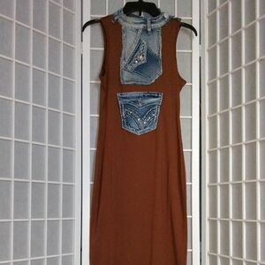 Refurbished Carmel Brown Dress with Denim Accents